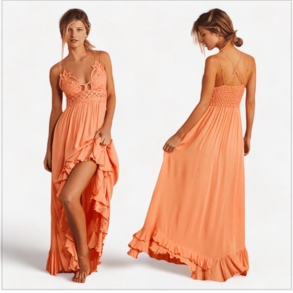 Free People Adella Maxi Slip Dress Coral Orange FP One - Picture 2 of 15